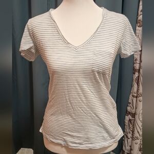 Madewell White & Blue Striped w/Small V-Nec Pocket Tee